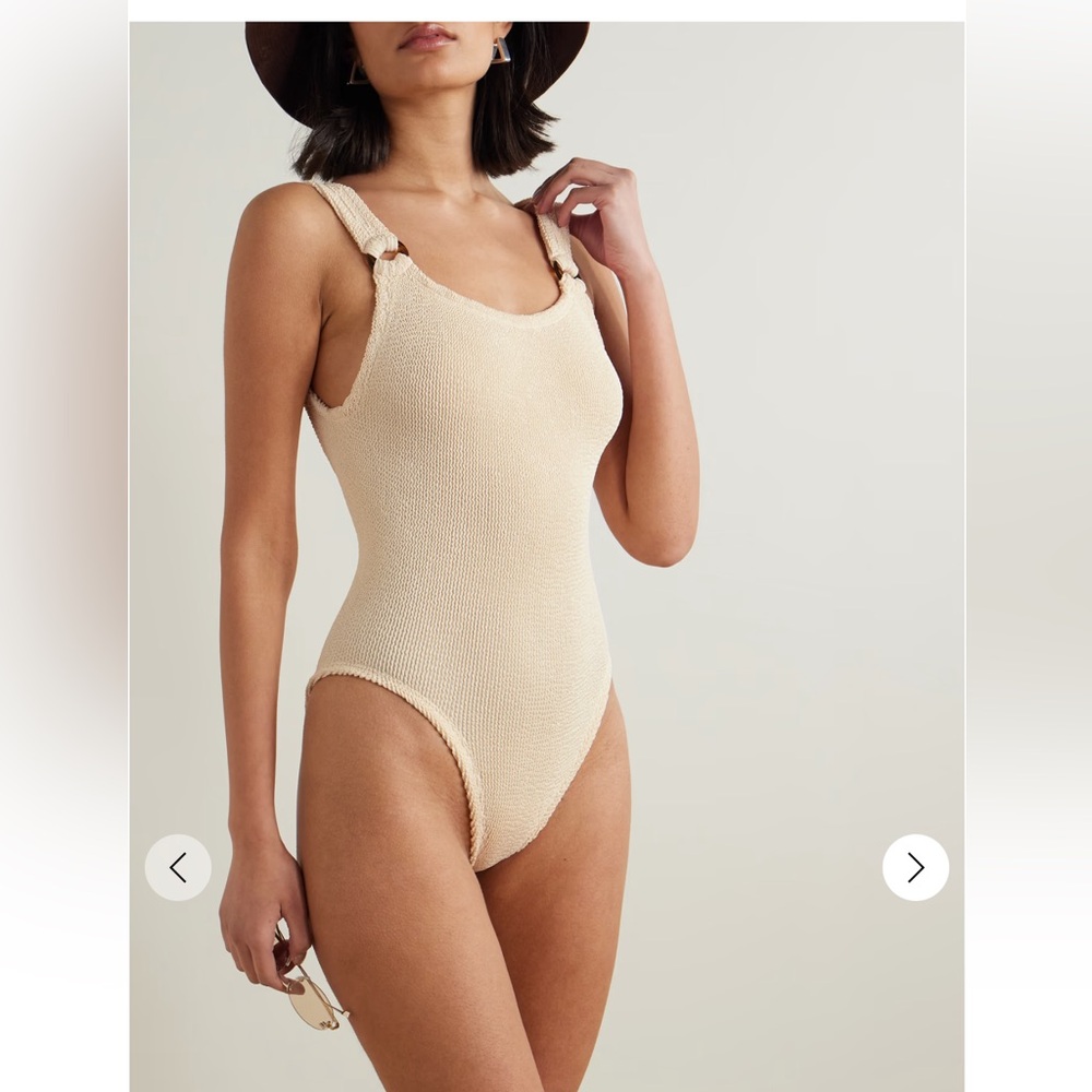 HUNZA G NEW 
Domino embellished seersucker swimsuit